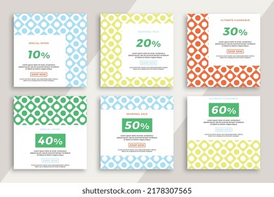 Set of square advertising web banners with modern geometric pattern. Trendy sale and discount promo creative backgrounds for social media mobile applications. Vector editable background EPS 10