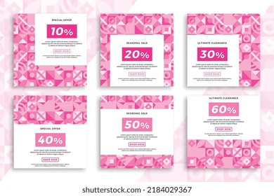 Set of square advertising web banners with Bauhaus geometric pattern. Elegant sale and discount pinkish promo backgrounds for social media mobile applications. Trendy vector editable background EPS 10