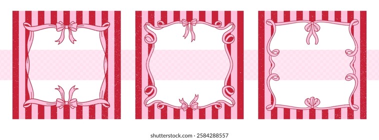 Set of square aged grunge texture frames with bow on striped background. Hand drawn vector illustration. Wedding celebration, holiday, party decoration, gift, Valentine s day.