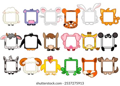 Set of square animal like frames. Cartoon avatar for UI games. Empty animal frame for your kids decor, print or stickers