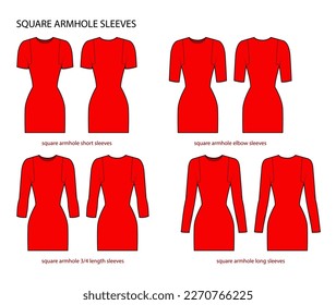 Set of Square armhole sleeves clothes - long, short, 3-4, elbow length technical fashion illustration with fitted body. Flat apparel template front, back sides. Women, men unisex CAD mockup