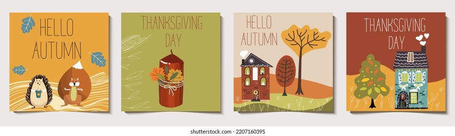 Set Of Square Autumn Backgrounds For Colorful Banners With Autumn Landscapes, Village, Small Cozy Houses, Trees, Fox, Hedgehog, Candle, Thanksgiving Dinner Invitations.