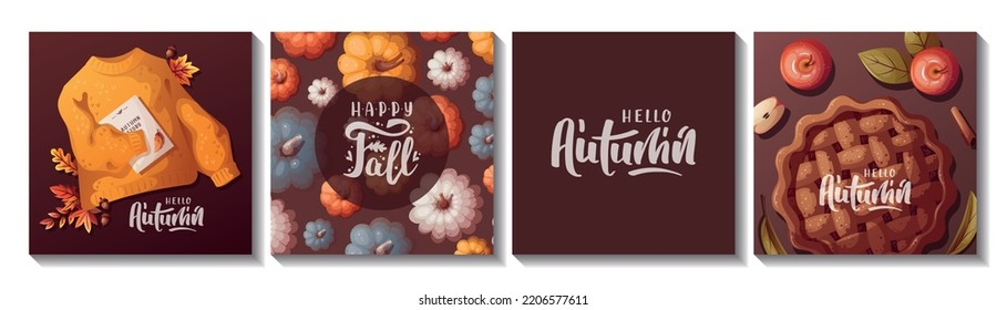 Juego de cartas cuadradas de otoño con calabazas, tarta de manzana, hojas de otoño, suéter caliente. Otoño, cosecha, día de acción de gracias, concepto de caída. Ilustración vectorial. Cartas, postales, afiches.