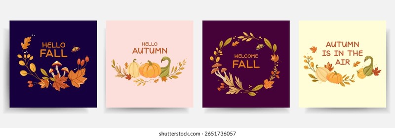 Set of square Autumn greeting cards with pumpkins, fall leaves, and seasonal quotes on colorful backgrounds, for social media posts,seasonal promotions,invitations, festive design .Vector illustration