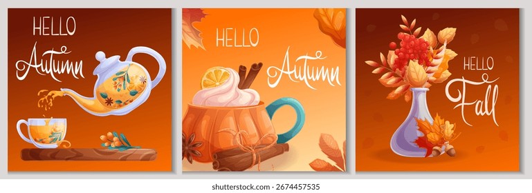 Um conjunto de postais quadrados de outono. Um vaso com folhas de outono, uma xícara de bebida de outono, chá de espinheiro marinho. Olá, outono. Ilustração vetorial para design sazonal de postais, banners, cartazes