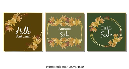 Set Of Square Autumn Vector Template Decoration With Golden Maple Leaves And Berries. Autumn Sale, Fall Banner, Autumn Concept Web Template, Sns Cover Template. Vector Illustration.