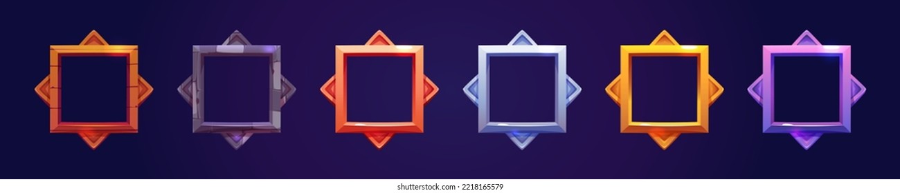 Set of square avatar or rank frames for game ui. Textured wooden, stone, metal, golden and silver empty borders isolated on blue background. Fantasy cartoon vector illustration of gui design elements