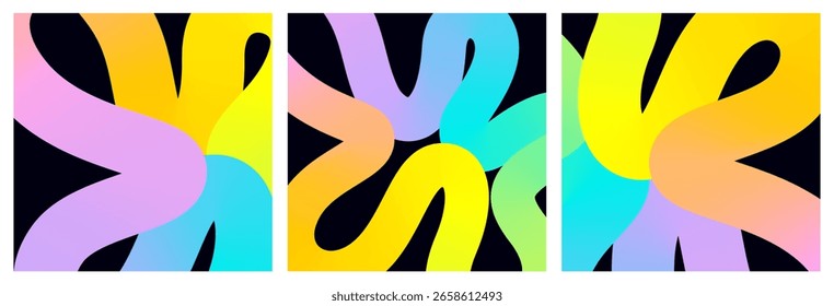Set of square background with abstract 3d rainbow curve smooth line, neon gradient. Web banner with 3d swirled dynamic liquid colored ribbon, tape on black. Vector EPS10