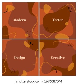 Set of square background with abstract organic shapes and wave. Contemporary design template with space for text. Modern backdrop in terracotta colors. Vector illustration