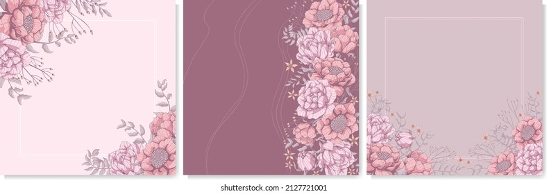 set of square background with pink roses, peonies and grey leaves. Banners template with floral motif. Place for text. Hand drawn vector illustration of flower.