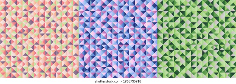 A set of square backgrounds 2100 by 2100 pixels in size. Seamless pattern of triangles and squares with gradient fill. Vector illustrations for backgrounds, posters, covers, fabrics, wrapping paper