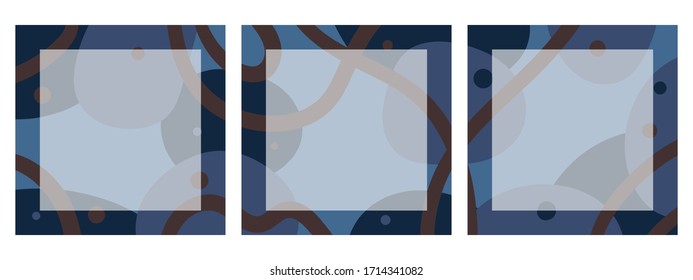 Set of square backgrounds with abstract pattern for social networks with place for text. Chaotic blue circles and brown lines. Copy space. Modern trendy stock vector illustration. Doodle style