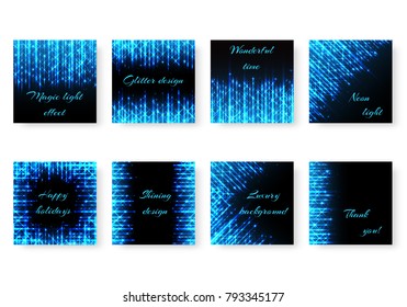 Set of square backgrounds with blue neon lights for festive decoration of congratulations
