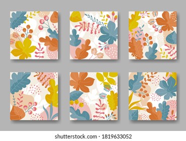 Set of square backgrounds with colorful leaves ornament