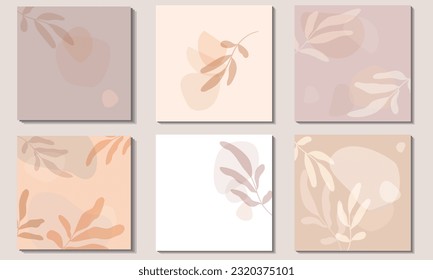 A set of square backgrounds in shades of beige, muted brown and lilac. Tropical leaves and random abstract shapes. Modern illustrations.