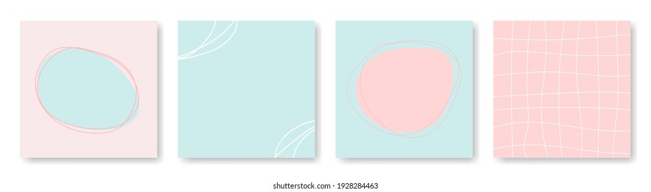 Set of square backgrounds for social media posting. Backdrops in pastel colors. Cell, lines, abstract shapes. Copy space