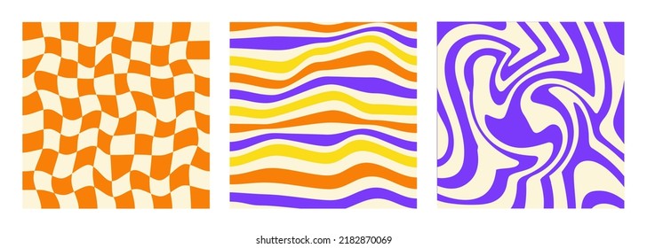 Set of square backgrounds in style retro 70s, 80s. Groovy hippie abstract psychedelic design. Vector illustration