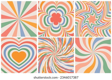 Set of square backgrounds in style retro 70s, 80s. Groovy hippie abstract psychedelic design. Groovy hippie 70s backgrounds. Vector illustration