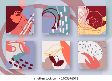 Set of square backgrounds. Templates backdrop with floral abstract shapes and textures. Contemporary creative art. Trendy doodle organic elements with spots, dots, lines. Isolated vector illustration