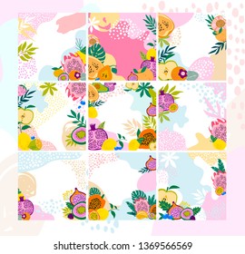 Set of square backgrounds with tropical fruits,shapes and leaves. Editable vector illustration