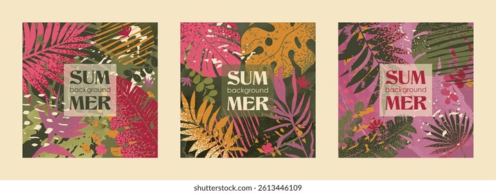 A set of square backgrounds with tropical ornaments from abstract plants. Suitable for covers, posters, flyers, sales, advertising.