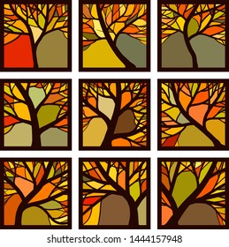 Set of square badges autumn trees with branches in frame like stained glass.