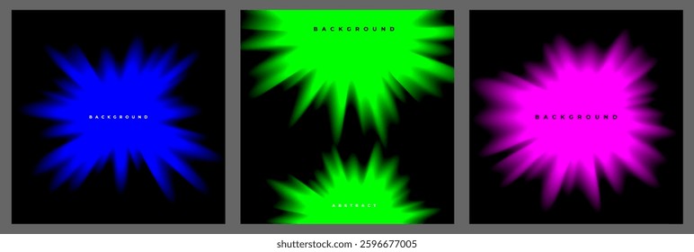 Set of square banner with abstract neon Y2k spot, bright glowing splash, flash, explosion, star. Empty cosmic background. Vector illustration EPS10