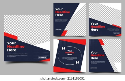 Set of square banner design template. Dark blue background with red and white shape. Usable for social media post and web ads.