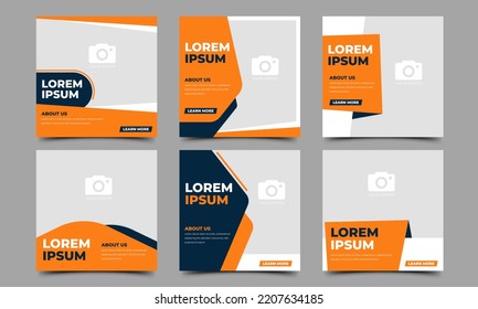 Set of square banner template design. Orange and dark blue color shape with place for the photo. Usable for social media post and web ads.