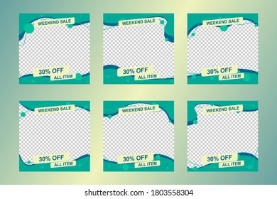 Set of square banner template. Made with combination line shape and dots, green base color. Suitable for social media post, web banner and ads content. Design with photo collage