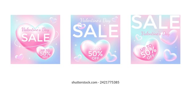 Juego de plantillas de banner cuadrado para la venta de redes sociales el día de San Valentín. Delicado gradiente de corazón 3D lindo y aireado.Ilustración de material vectorial.