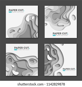 Set of square banner templates with paper cut shapes. White modern abstract design for business presentations, flyers, posters. Vector Illustration. eps 10