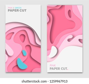 Set of square banner templates with paper cut shapes. Bright modern abstract design. Vector Illustration.