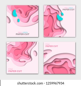 Set of square banner templates with paper cut shapes. Bright modern abstract design. Vector Illustration.