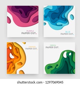 Set of square banner templates with paper cut shapes. White modern abstract design for business presentations, flyers, posters. Vector Illustration. eps 10