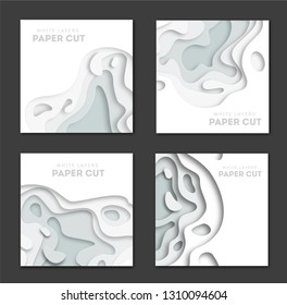 Set of square banner templates with paper cut shapes. White modern abstract design for business presentations, flyers, posters. Vector Illustration. eps 10