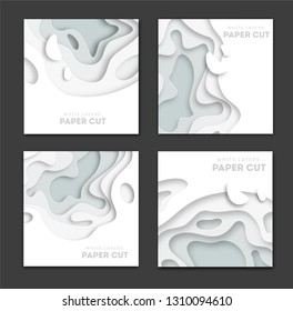 Set of square banner templates with paper cut shapes. White modern abstract design for business presentations, flyers, posters. Vector Illustration. eps 10