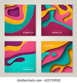 Set of square banner templates with paper cut shapes. Bright modern abstract design. Vector Illustration. 