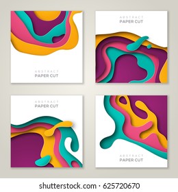 Set of square banner templates with paper cut shapes. Bright modern abstract design. Vector Illustration. 