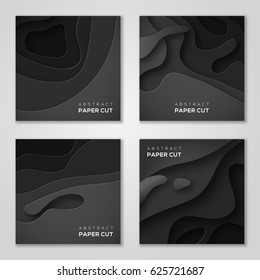 Set of square banner templates with paper cut shapes. Black modern abstract design for business presentations, flyers, posters. Vector Illustration. 