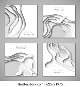 Set of square banner templates with paper cut shapes. White modern abstract design for business presentations, flyers, posters. Vector Illustration. 