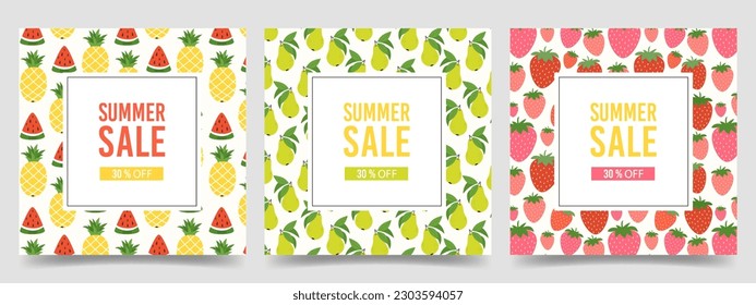 Set of square banner templates Summer Sale promotion. Advertisement cards with tropical Fruit, Strawberry pattern design for market, store. Flat colorful vector illustration 