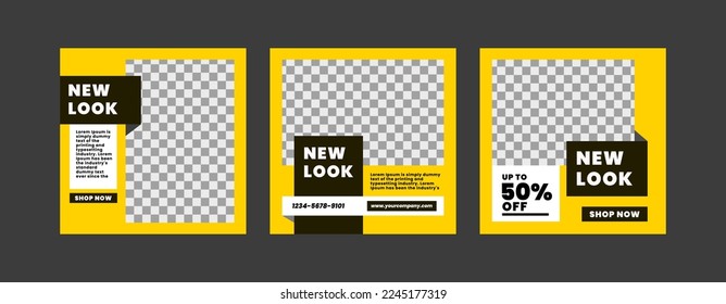 conjunto de plantillas de banner cuadrado en colores amarillo y negro. plantilla para publicaciones en redes sociales o anuncios en la web