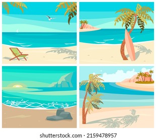 Set von quadratischen Bannern abstrakter Jahreszeit mit Palmen, tropischem Strandhintergrund. Flache Kunstvektorgrafik