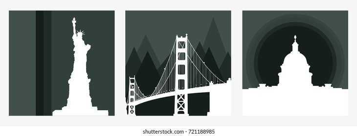 Set of square banners with american landmarks. Monochrome posters with white silhouettes, space for text.
