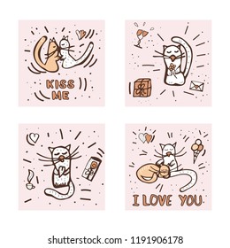 Set of square banners with cute love symbols. Hand drawn cats, lettering and valentine day objects. Vector illustration. 