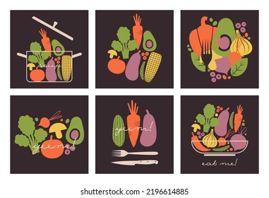 Pancartas cuadradas con ilustraciones planas de verduras, bayas, productos, sartén, utensilios de cocina, cubiertos y vajilla. Vectora pinta con verduras sobre el tema vegetariano, vegano y saludable de la nutrición.