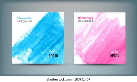 Set of square banners with hand drawn watercolor stains. Vector illustration.