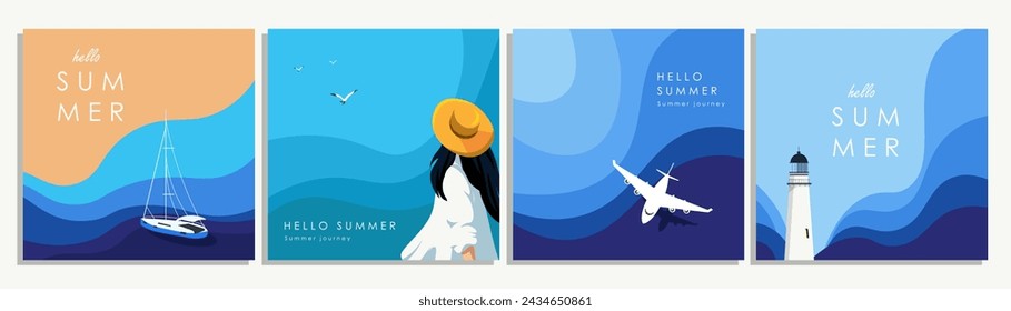 Conjunto de banners cuadrados. Hola verano. Ilustración vectorial. Colección de ilustraciones. Mar, playa, yate, niña, gaviotas, faro. Diseño moderno.