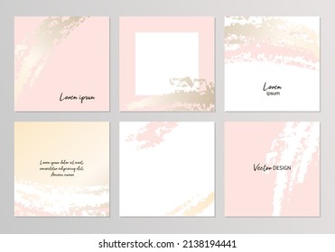 Set of square banners with luxury gold pink backgrounds. Social media post templates. Vector design for greeting card, cosmetic, packaging, wedding invitation, poster